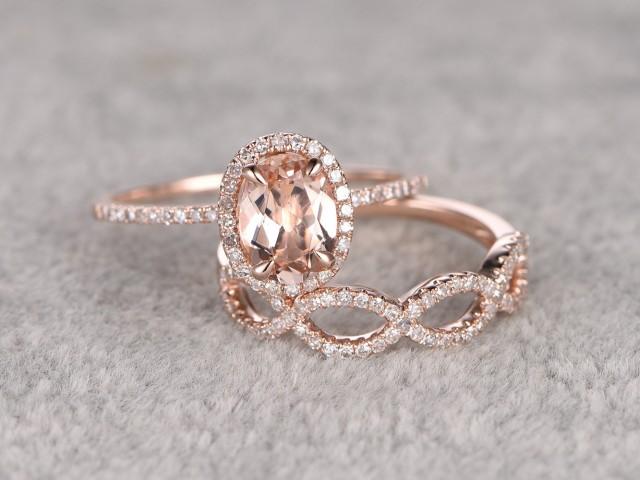 2pcs Morganite Bridal Ring Set,Engagement ring Rose gold,Diamond wedding band,14k,6x8mm Oval Cut,Promise Ring,Loop curved matching band