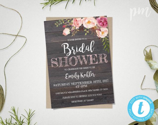Rustic Floral Bridal Shower Invitation Template, Printable Rustic Bridal Shower Template, Barn Wood Bridal Shower Invite, Instant Download