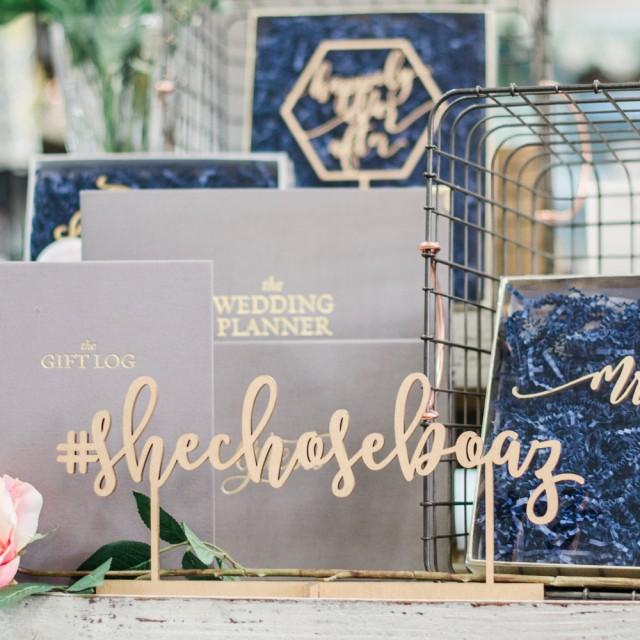 Personalized Hashtag Laser Cut Name Sign - (ONE) 15&quot; x 6&quot; Custom Wood Wedding Sign - Event Signage - Photo Booth Sign - Welcome Table Sign