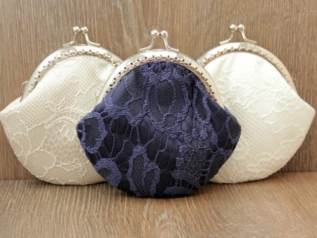Wedding Bridal Clutch - Navy Blue Lace Coin purse - Wedding Bridesmaid Small Lace Clutch - Wedding Ring Holder - Party Gift - Set