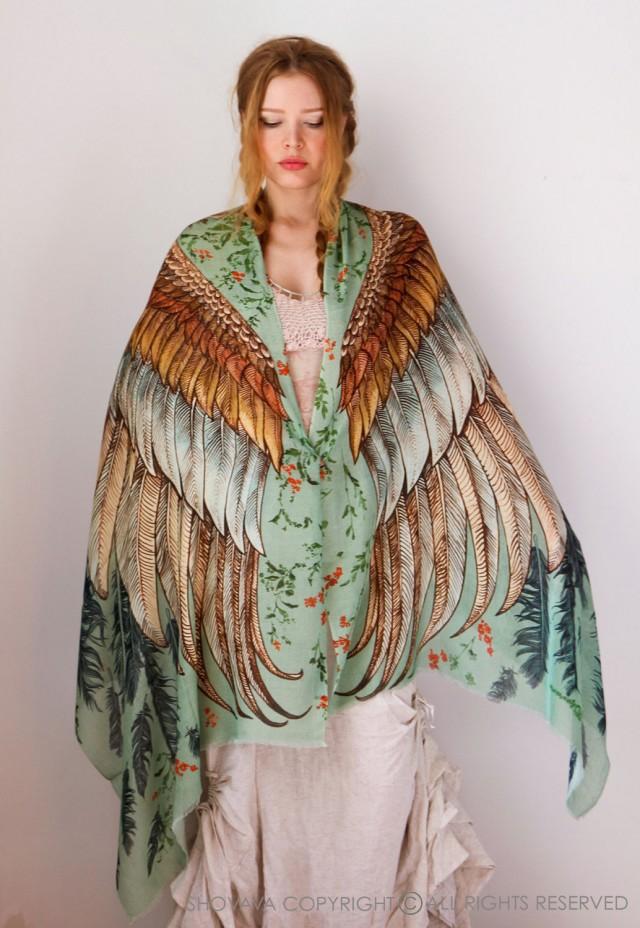 Womens Silk Scarf, Hand Painted Scarf, Wings scarf, Bohemian Shawl, Feathers Shawl, Digital Print Sarong, Girlfriend Gift, Silk Wrap