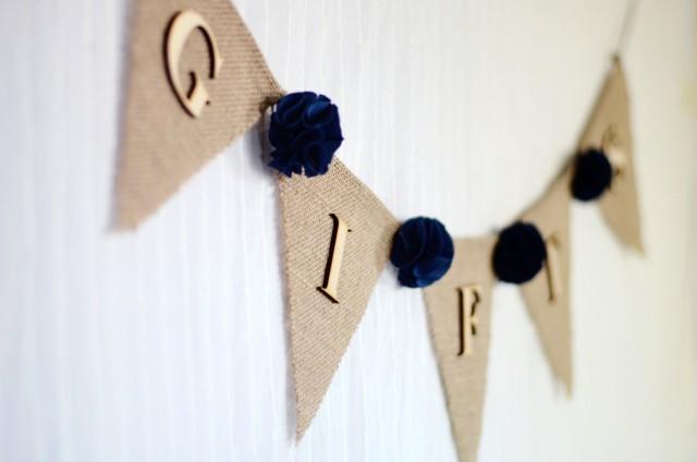 burlap wedding gifts banner / dark navy blue / shabby chic rustic wedding decoration / bridal baby shower / fabric flowers gift table sign