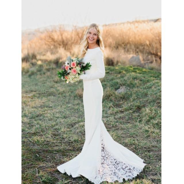 Janay Marie - &quot;Brittany&quot; Gown - Long Sleeved Knit Wedding Dress with Lace Godet Train