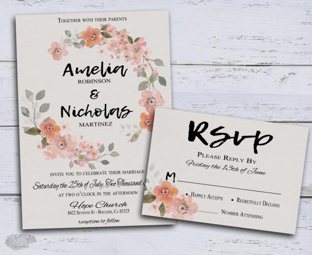 wedding photo - Rustic Wedding Invite, Floral Wedding Invitation, Bohemian Wedding, Watercolor Wedding invitation Printable, Boho Wreath - $39.00 USD