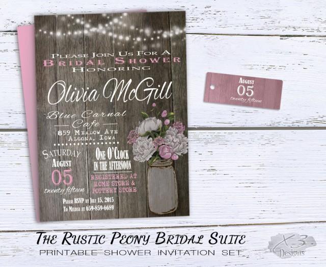 wedding photo - Rustic Bridal Shower Invitation, Rustic Wedding Shower Invitations Pink Peonies