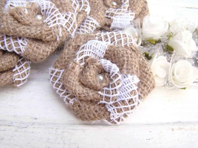 wedding photo - Rustic Wedding Flowers Set of 12 handmade burlap and lace roses Wedding Decor Flower Ornament Bridal Wedding Party Favor Rustic Chic Bouquet - $12.00 USD