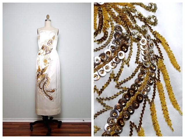 Oriental Sequin Wedding Dress / Mandarin Dragon Beaded Dress / Gold Phoenix Sequined Ivory Satin Gown