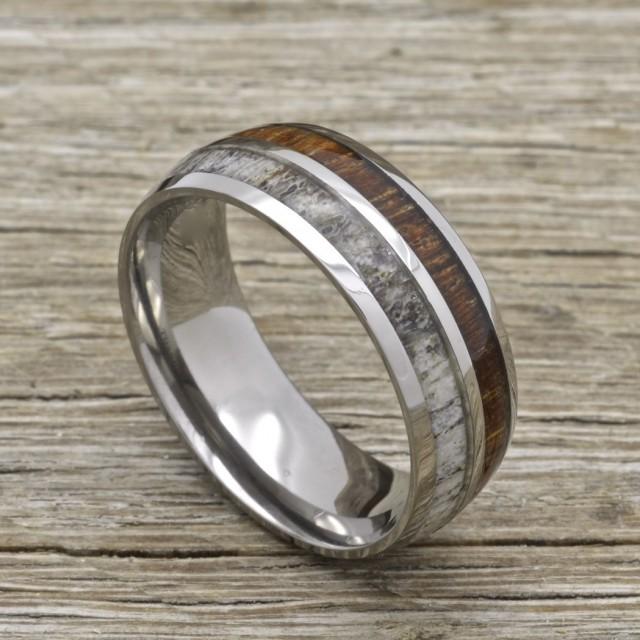 Titanium deer Antler Ring with Koa Wood Inlay, 8mm Comfort Fit Wedding Band