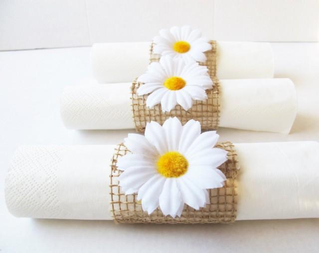 15 Napkin Rings White Daisies Brown Burlap Wedding Party Daisy Napkins Ring Wedding Table Decor Paper Napkin Holders Birthday Party Holiday