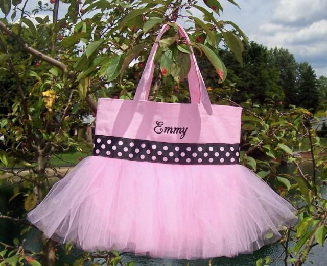 Child&#39;s Embroidered Dance Bag - Pink Tote Bag with pink and black polka dot ribbon MINI Tutu Tote Bag - MTB83 - BPT