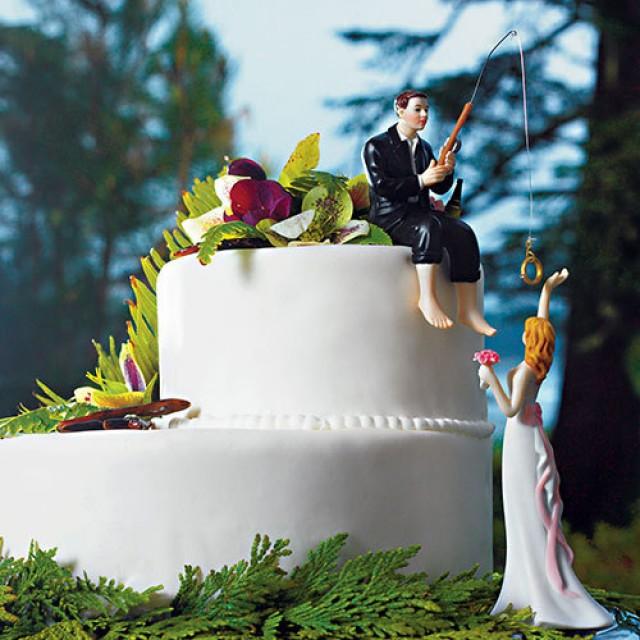 Hooked on Love Bride Groom Couple Wedding Cake Topper- Romantic Porcelain Fishing Groom&#39;s Fisherman Cake idea Fish loving Sports Couple