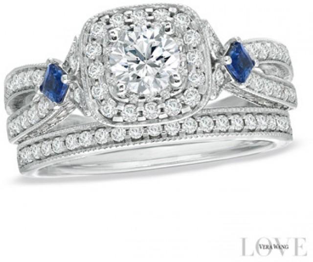 Vera Wang Love Collection 1-1/4 CT. T.W. Diamond and Sapphire Frame Bridal Set in 14K White Gold