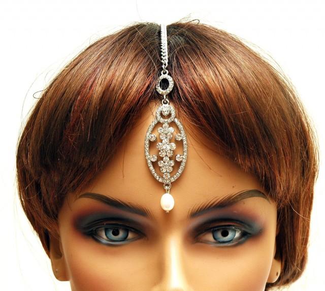 FREE SHIPPING Bridal Headpiece Prom Crystal Hair Chain Maang Tikka Headpiece, Bellydance Headpiece, Indian Jewelry - $22.00 USD