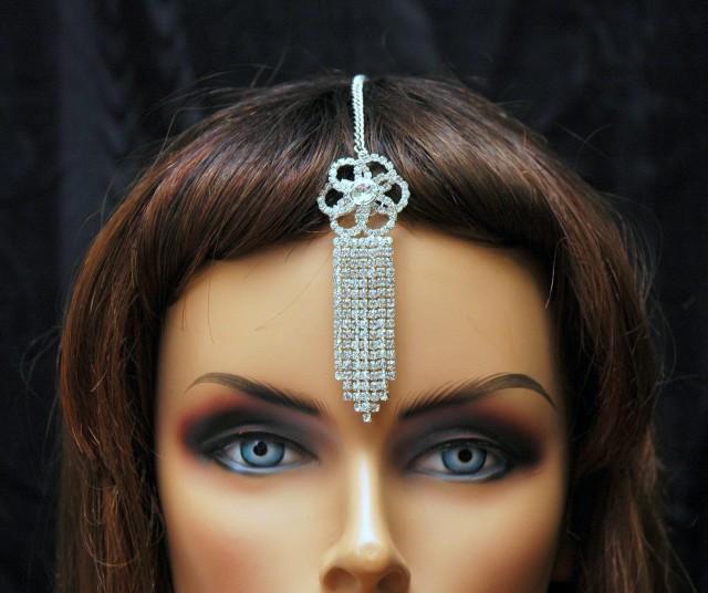 wedding photo - FREE SHIPPING Silver Tikka Headpiece, Hair Jewelry Crystal Bridal Chain Headpiece, Bollywood Maang Tikka Headpiece, Gypsy Jewelry, Tribal Jewelry - $20.00 USD