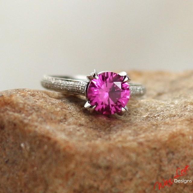 Pink Sapphire & Diamond pave Engagement Ring Round Basket 2ct 8mm 14k 18k White Yellow Rose Gold-Platinum-Custom-Wedding-Anniversary High