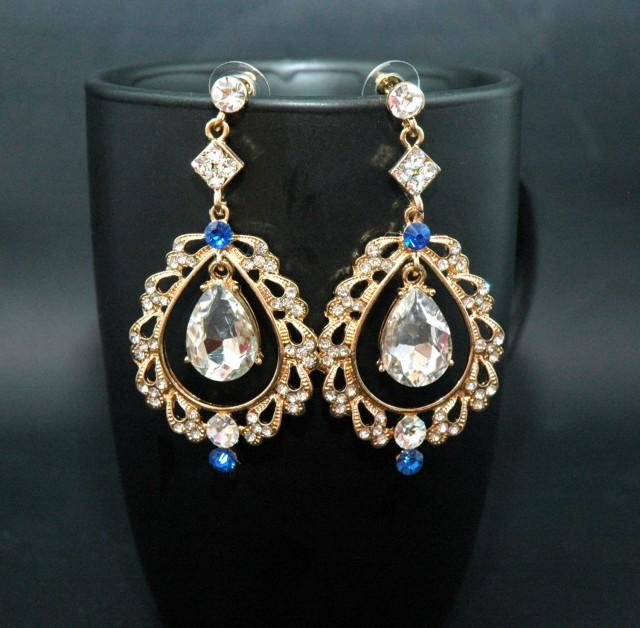 wedding photo - FREE SHIPPING Gold Bridal Earrings Wedding Earrings Blue Chandelier Earrings, Prom Earrings, Royal Blue Earrings, Blue Jewelry, Prom Jewelry - $38.00 USD