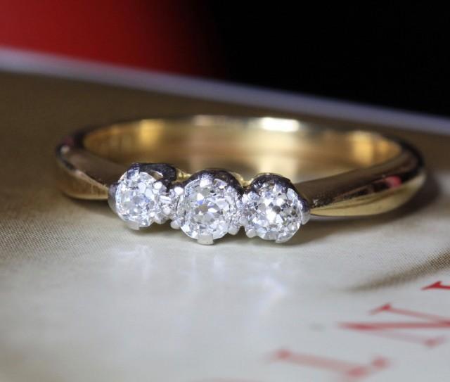 Art Deco .49ct Diamond Engagement Ring, Platinum 18k Gold Diamond Trilogy Ring, Antique Engagement Ring, Antique Wedding Band