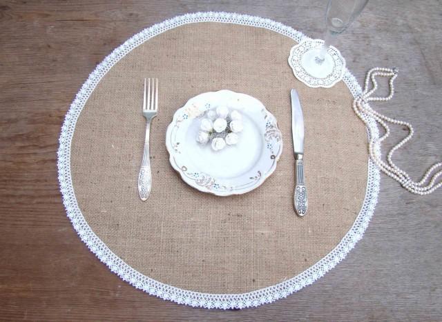 wedding photo - Wedding Burlap Placemat Round Table Setting Circular Dinner Placemat Burlap and white lace Overlay Country Table Mat Rustic Chic Decor - $5.11 USD
