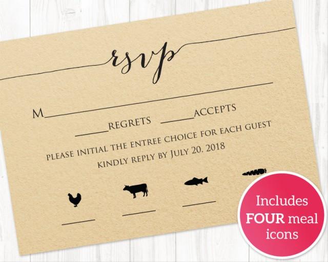 wedding photo - RSVP Card With Meal Icons Templates, FOUR Meal Combinations, RSVP Insert Template, Printable Rsvp Card With Meal Options Templates,  - $6.50 USD