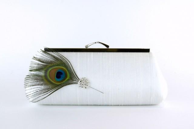 EllenVintage Peacock Silk Clutch in Ivory with Real Feather, Wedding clutch, Bridal clutch, Bridesmaid clutch, Evening bag