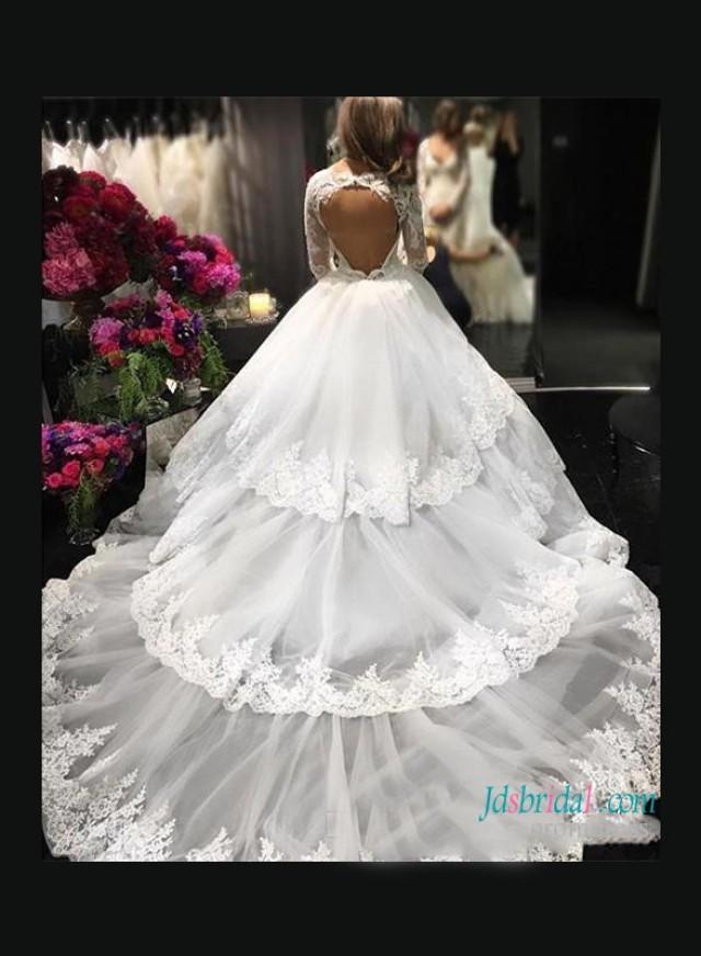 wedding photo - Sexy open back illusion lace tiered ball gown wedding dress