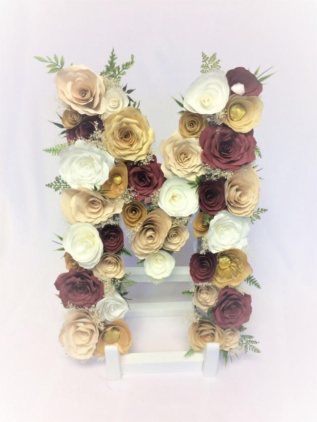 wedding photo - Stunning gold, champagne and burgundy paper flowers fill this floral initial - $89.00 USD