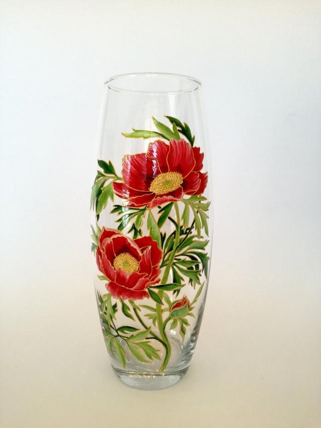 Holiday Present Hand Painted Vase Colorful Glass Home Decor Idea Gift for Mom Wife Sister Flower Vase Spring Flowers Red Peonies Floral Vase