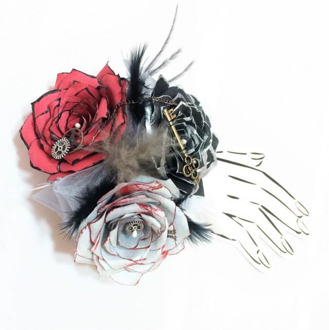 wedding photo - Steampunk corsage or boutonniere in silver, red & black handcrafted paper flowers - $15.99 USD