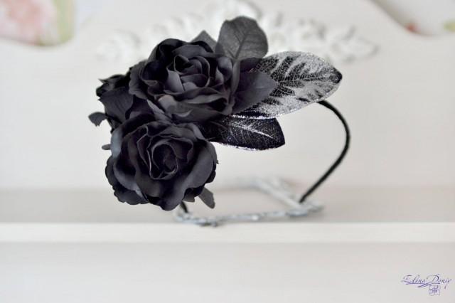 wedding photo - Black crown flowers tiara Black roses headpiece Fairy Black Queen Festive hair accessory Bohemian crown Dark Queen - $39.00 USD