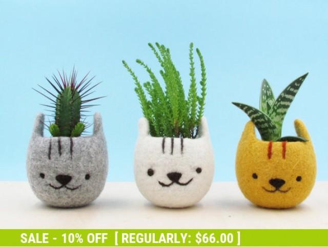 Planter / Girlfriend gift / Felt succulent planter / Neko Atsume / Kitty collector / Cat head planter / Kawaii cat gift /  - Set of three
