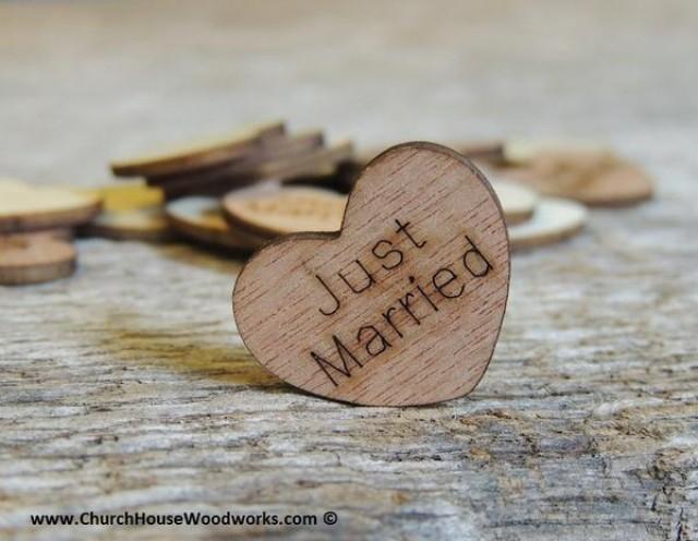 wedding photo - Just Married Wood Hearts- Wood Burned 100 count