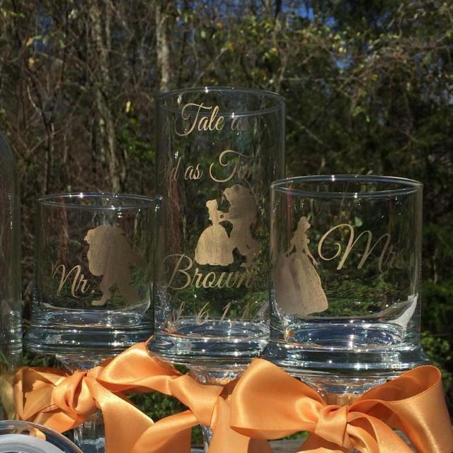 wedding photo - Unity Sand Set "a Tale as Old as Time" Personalized Mr. Mrs. Pedestal Apothecary Gold Painted Glass Ceremony Fairy tale Wedding - $44.99 USD