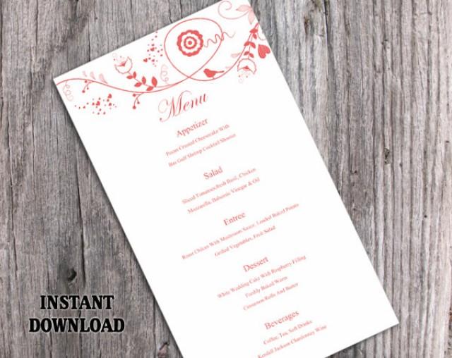 wedding photo - Wedding Menu Template DIY Menu Card Template Editable Text Word File Instant Download Red Menu Bird Floral Menu Card Printable Menu 4x7inch - $6.90 USD
