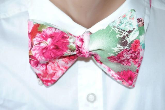wedding photo - fuchsia mint green bow tie long distance boyfriend gift floral self tie bowtie freestyle gift for man ties pink green wedding necktie bgryue - $27.00 USD