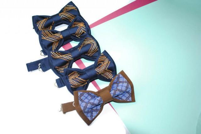 wedding photo - nautical wedding bow ties set of 5 bowties for groom and groomsmen neckties ringbearer outfit father of the bride bowtie brown navy blue aA3 - $185.65 USD