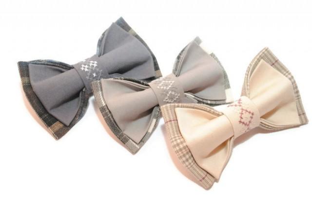 wedding photo - Set of 3 plaid men's bow ties Gifts for men Wedding ties for groomsmen Grey ties Taupe bowties Beige ties Birthday gift for brothers njikols - $99.18 USD
