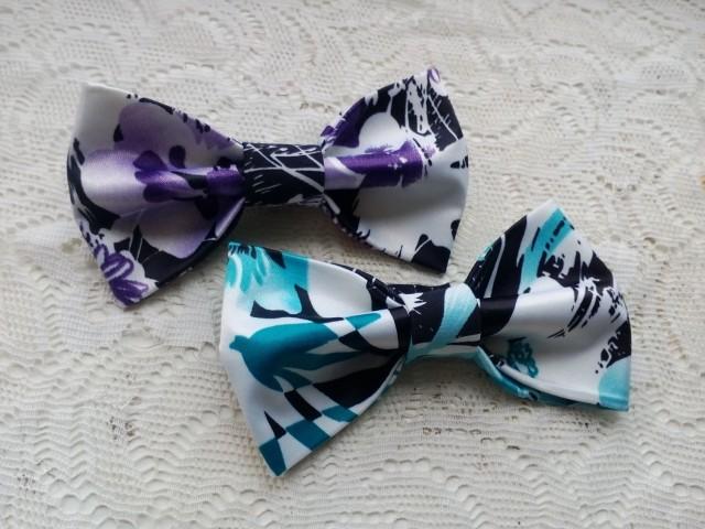 wedding photo - wedding bow ties set of two satin bowties blue tie violet necktie floral ties boyfriend ties gift for coworker father son cravates père fils - $19.00 USD