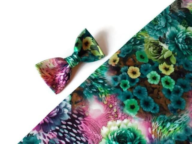 wedding photo - wedding bow tie for men gift husband from wife satin floral bow tie green purple bowtie yellow blue floral design spring pocket square djfhe - $9.82 USD