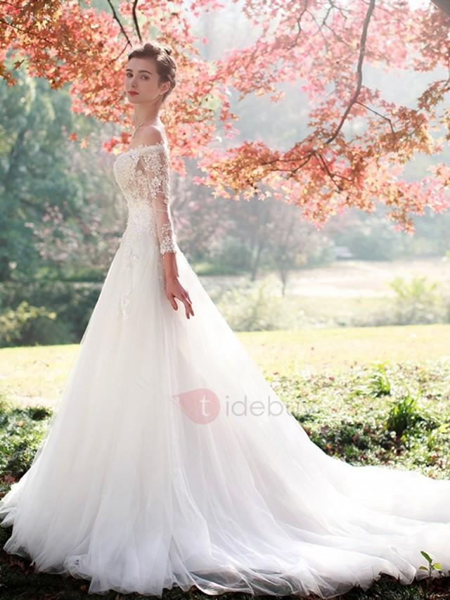 wedding photo - Charming Appliques Off The Shoulder A Line Long Sleeves Wedding Dress