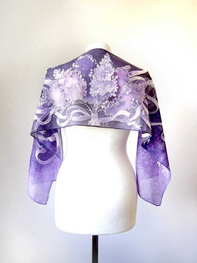 wedding photo - Purple scarves / Lilac scarf / bouquet of lilacs hand painted on a scarf / eggplant / violet silk scarf / scarf for mom / mother's day gift - $70.00 USD