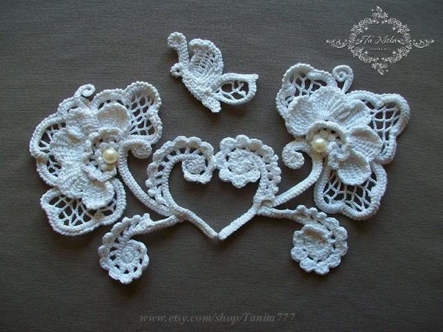 wedding photo - Flowers with Butterfly Decorative Crocheted Decoration Irish Lace Hand Work Trim of Clothes Applique Supplies Embellishment - $35.00 USD