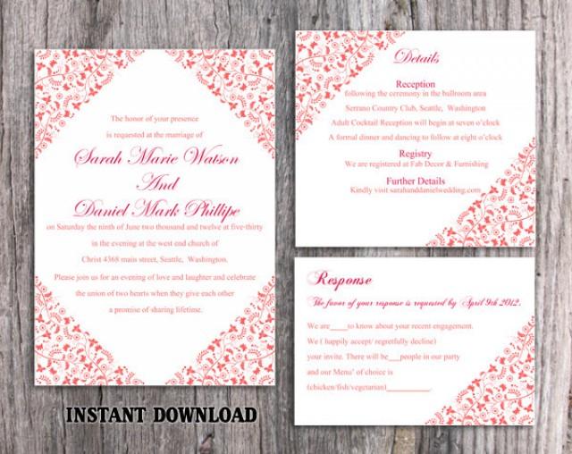 wedding photo - Wedding Invitation Template Download Printable Wedding Invitation Editable Red Invitations Elegant Floral Invitation Flower Invites DIY - $15.90 USD