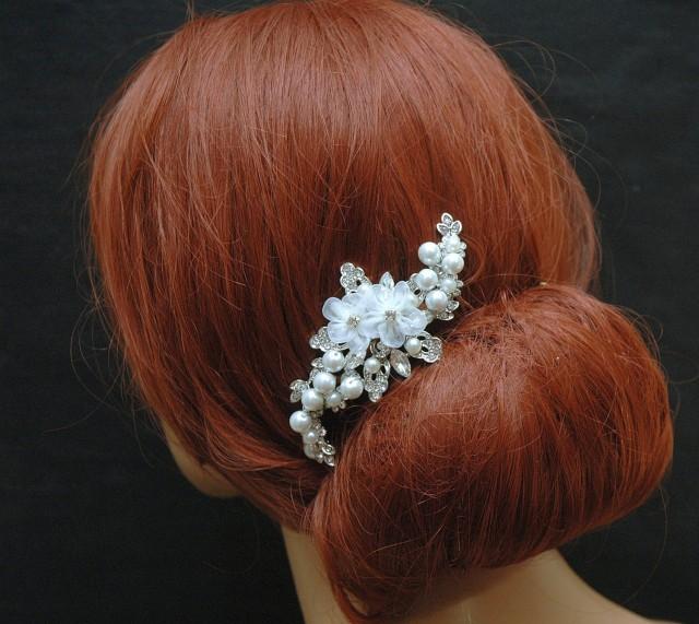 wedding photo - Crystal and Pearls Wedding Hair Comb, Organza Flower Hair Comb, Bridal Headpiece, Rustic Wedding Hair Piece, Bohemian Wedding Hair Accessory - $39.00 USD