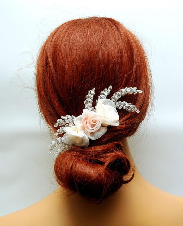 wedding photo - Wedding Flower Hair Comb, Blush Pink Peach Organza Flower Headpiece, Rustic Wedding Hair Piece, Bohemian Bridal Hair Comb, One of a Kind - $30.00 USD