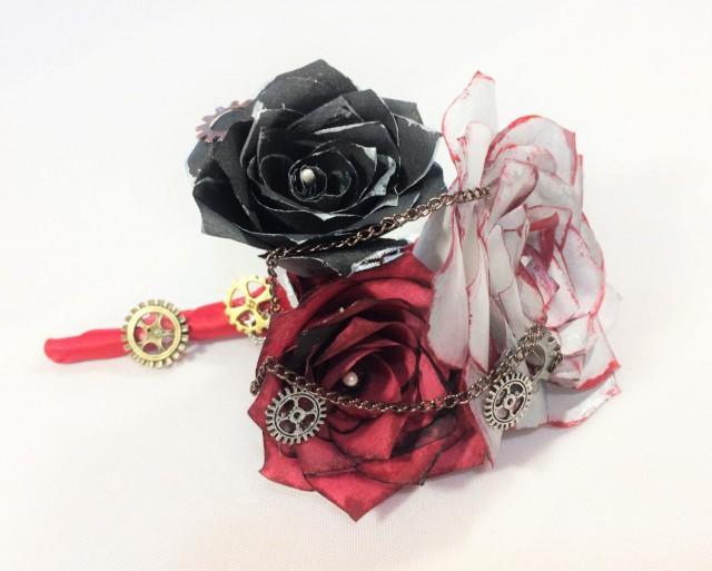 wedding photo - Silver, black and red Steampunk boutonniere using handcrafted paper roses, Men's buttonhole flower, Prom boutonniere, Mom corsage