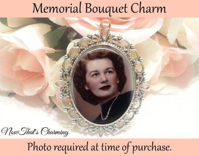 wedding photo - SALE! Single - Sided Memorial Bouquet Charm - Personalized with Photo - Antique Silver or Bronze - $16.99 USD
