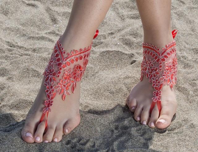 wedding photo - Red Beach wedding barefoot sandals Lace Bridal Sandals, Red Silver frame bangle, wedding anklet, FREE SHIP anklet, wedding gift bridesmaid - $27.80 USD
