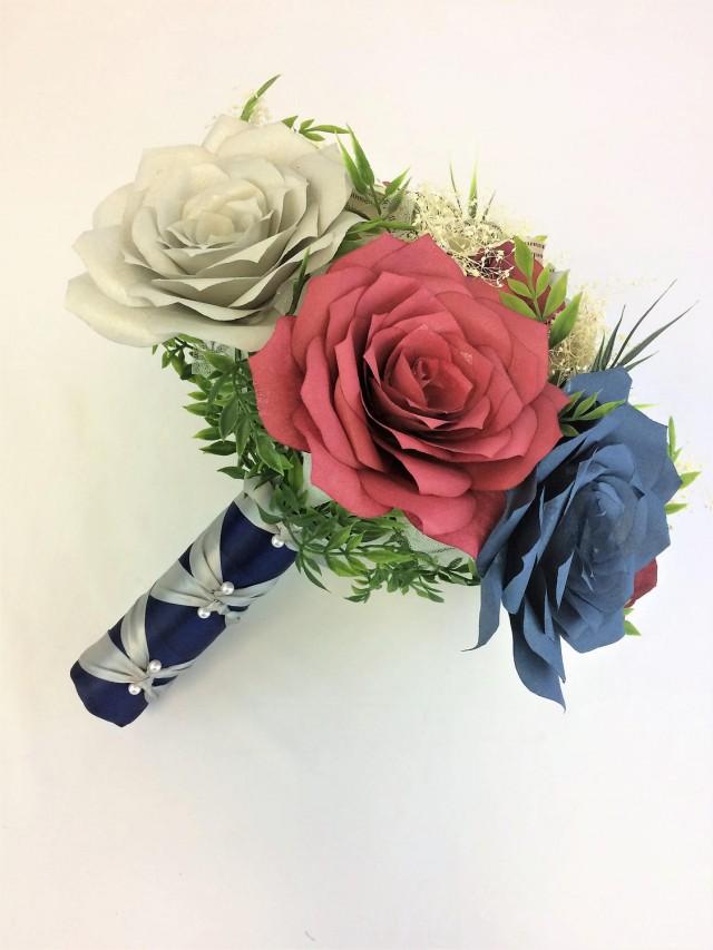 wedding photo - Burgundy, navy blue and silver bouquet using handcrafted paper flowers, Book page flower bouquet - $58.00 USD