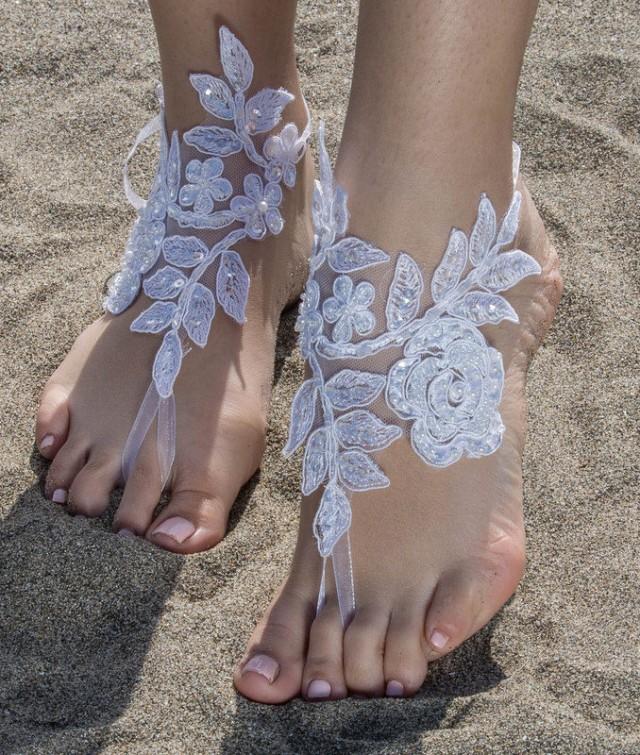 wedding photo - White Lace Barefoot Sandals Beach wedding Barefoot Sandals Lace Barefoot Sandals, Bridal Lace Shoes Foot Jewelry Bridesmaid Sandals, Anklet - $29.90 USD