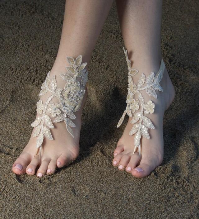 wedding photo - Champagne Beach wedding barefoot sandals, Lace wedding anklet, FREE SHIP, anklet, bridal, wedding gift bridesmaid sandals Bridal anklet - $28.90 USD